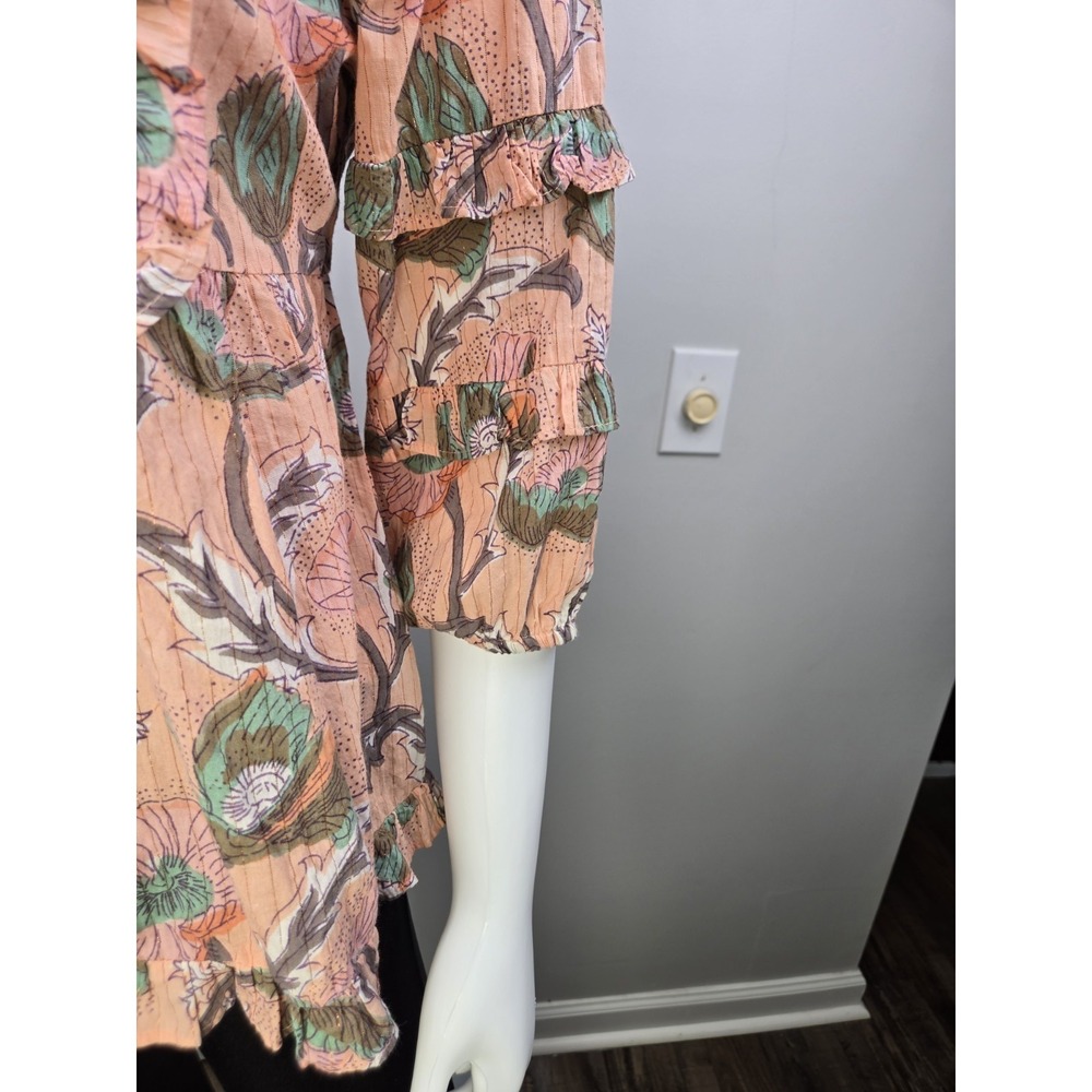 Ivy Jane Shimmer Ruffle V Neck‎ Blouse Top Peach Floral XS Tassel Accent - Picture 4 of 11